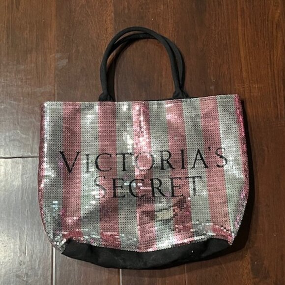 Victoria's Secret Pink Silver Stripe Sequin Bling Weekender Tote Bag - Picture 1 of 5